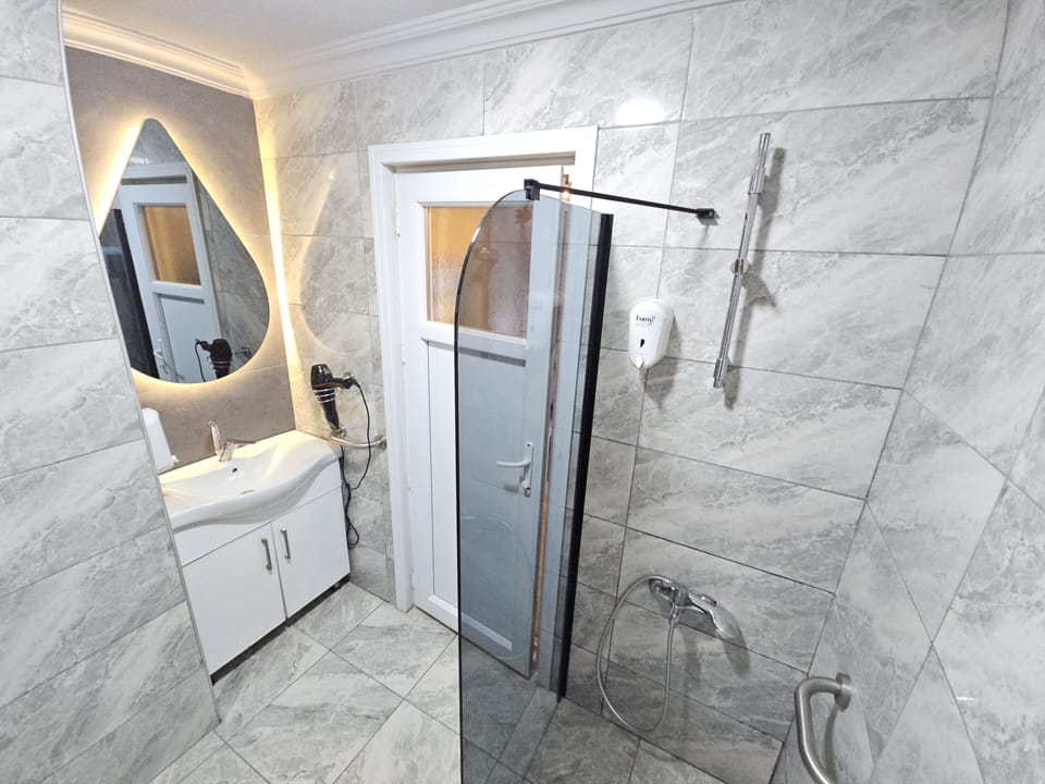 Shower, rainfall showerhead, hair dryer, slippers