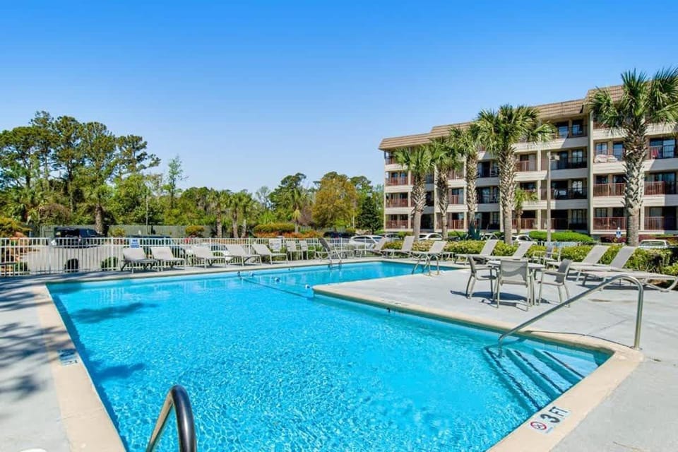 Outdoor pool area with lounge chairs and palm trees in a sunny setting