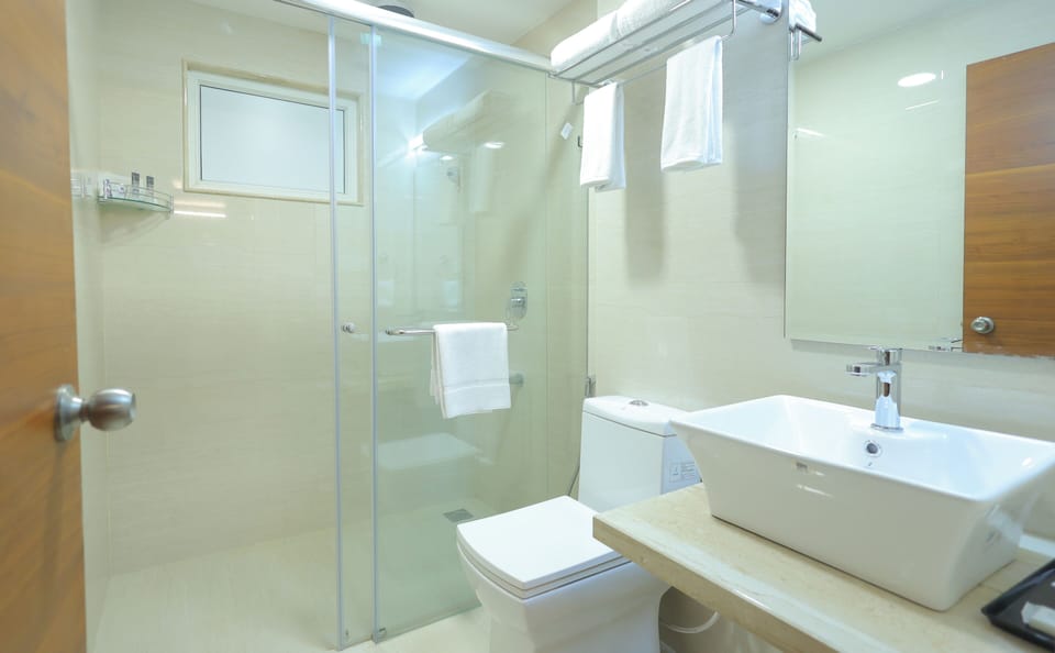Shower, rainfall showerhead, hair dryer, bathrobes