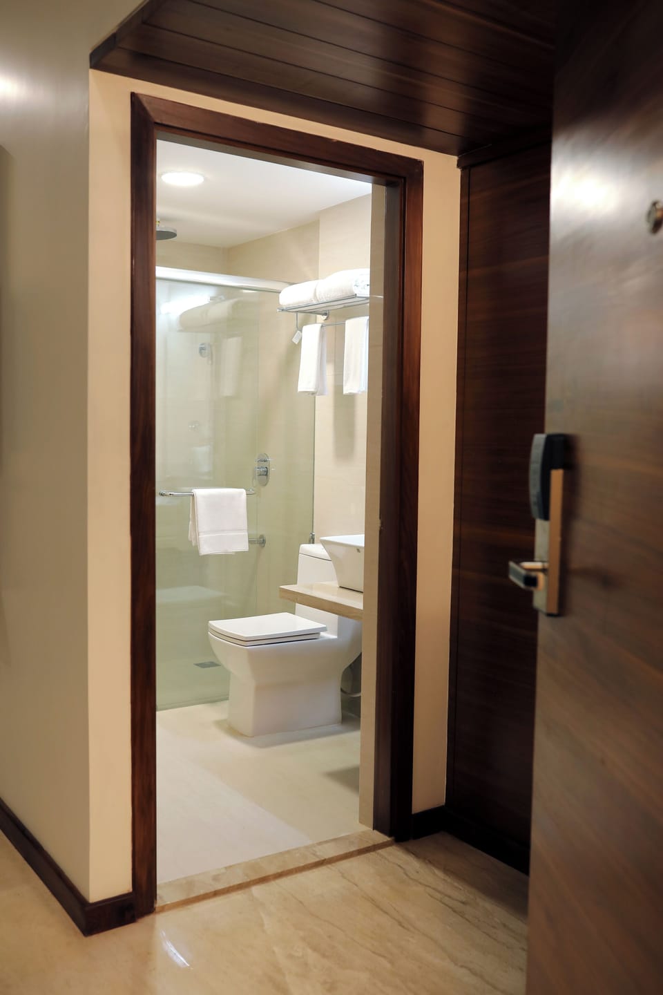 Shower, rainfall showerhead, hair dryer, bathrobes