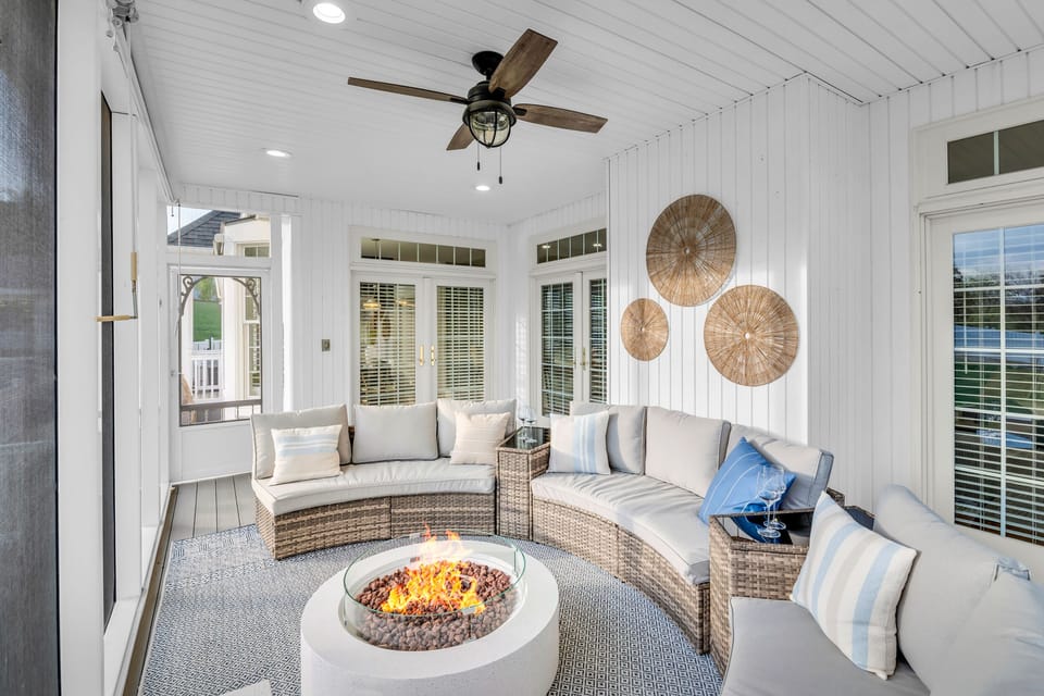 Enjoy a cozy night with the fire pit with in our screened porch. 