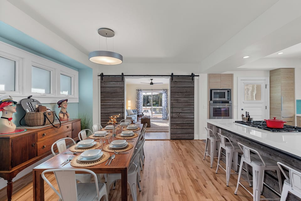 Breakfast bar offers a cozy spot to chat while meals come together.
