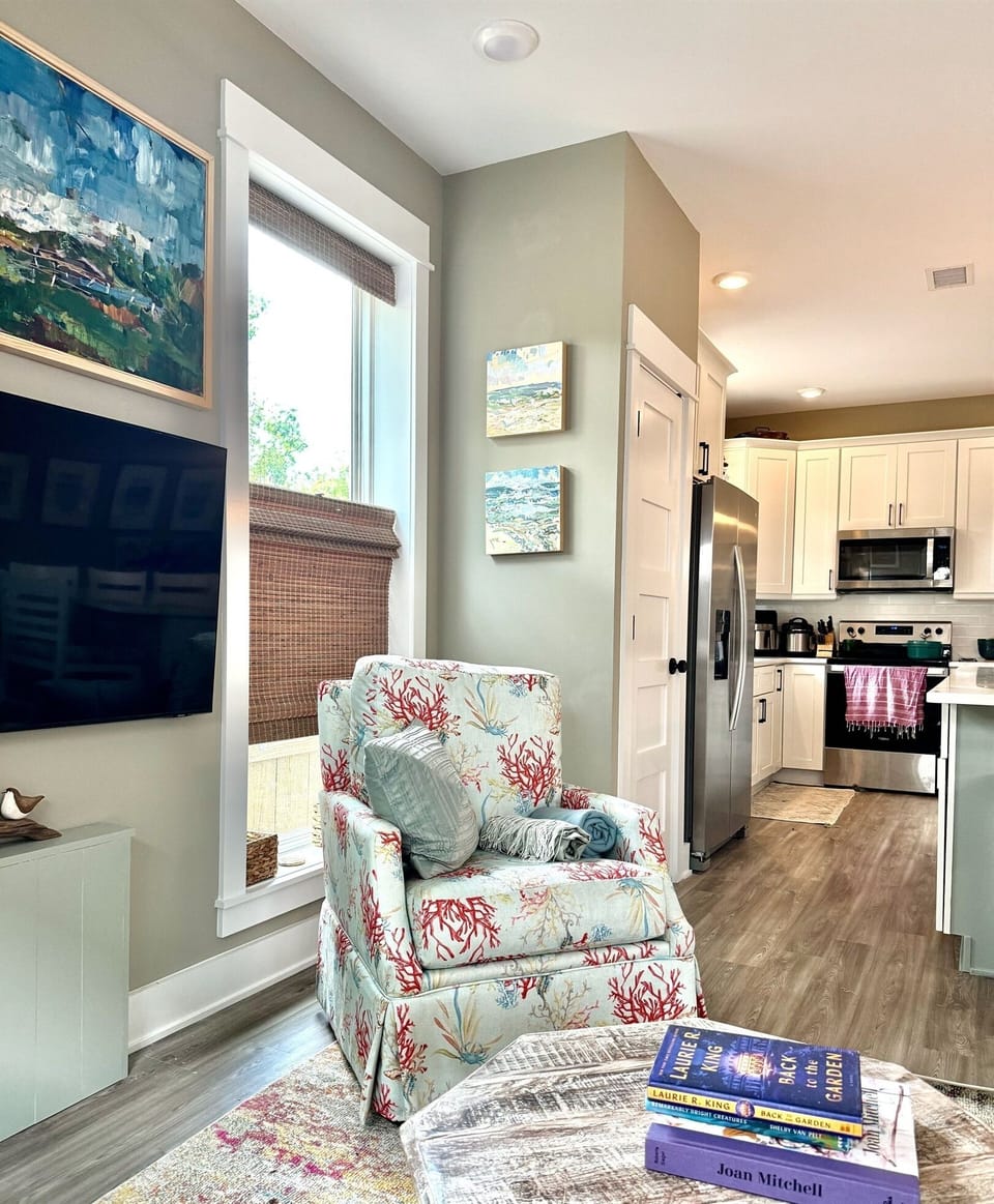 View of full kitchen from couch