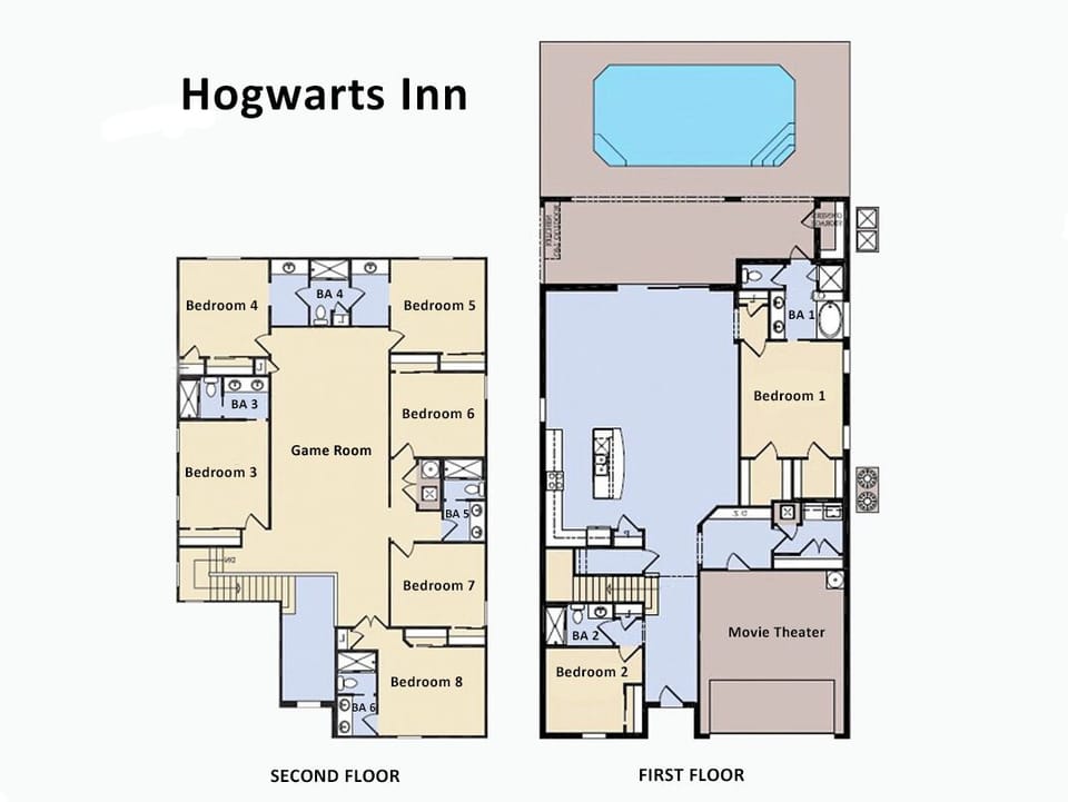 Floor Plan- Hogwarts Inn (The following bedrooms and bathrooms are labeled per this plan.)