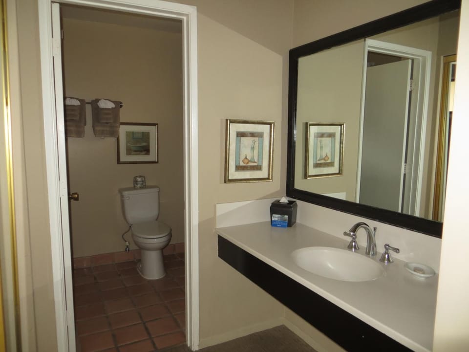 Combined shower/tub, free toiletries, hair dryer, bathrobes