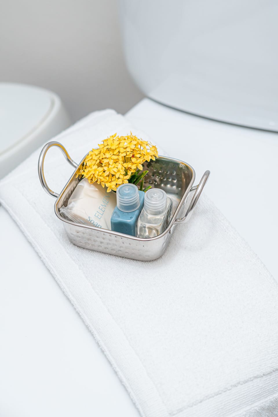 Shower, rainfall showerhead, designer toiletries, towels