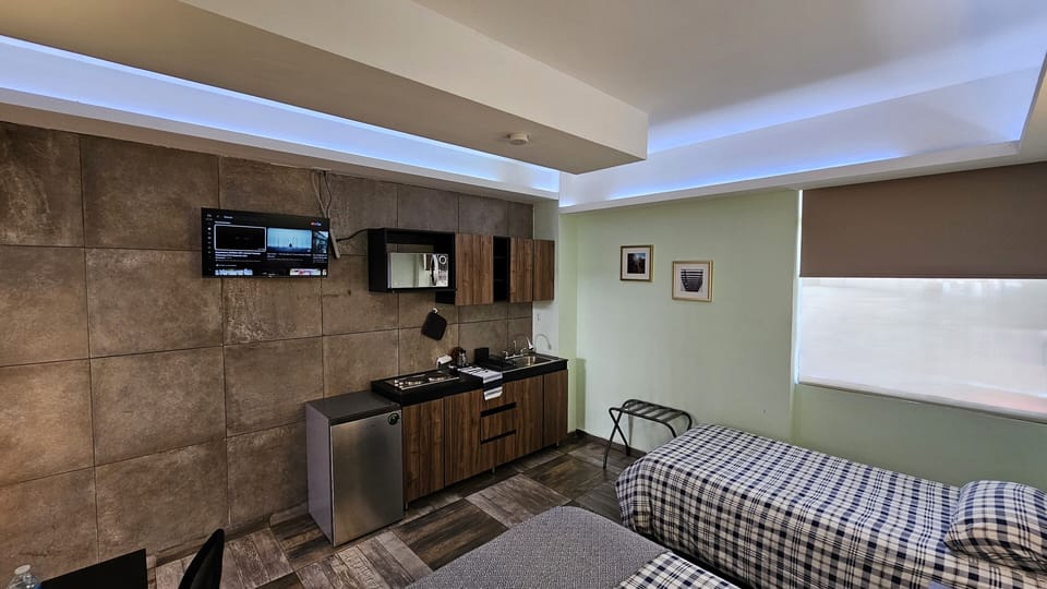 Fridge, microwave, coffee/tea maker, blender