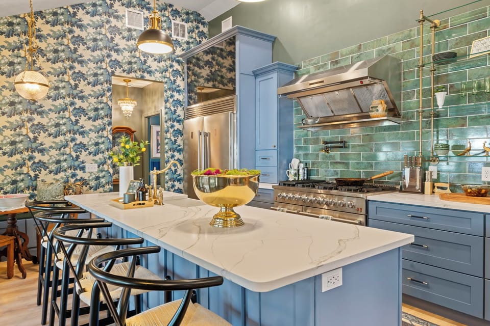 Fully-equipped chef's kitchen with Forno appliances.