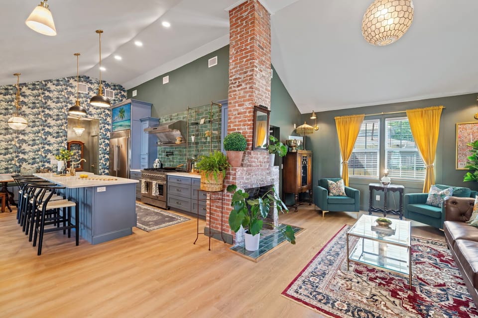 Open floor plan. High cathedral ceilings. Original fire-place (decorative, only)