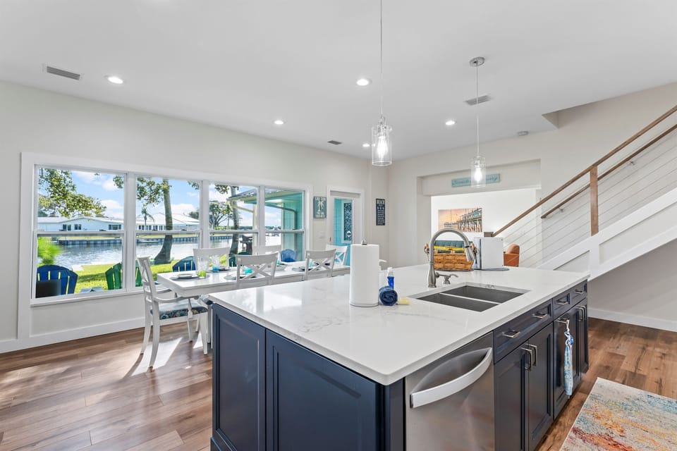 Huge kitchen and dining area with views of the canal
