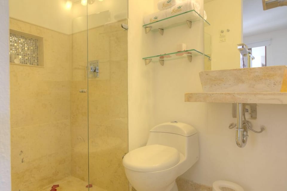 Shower, free toiletries, hair dryer, towels