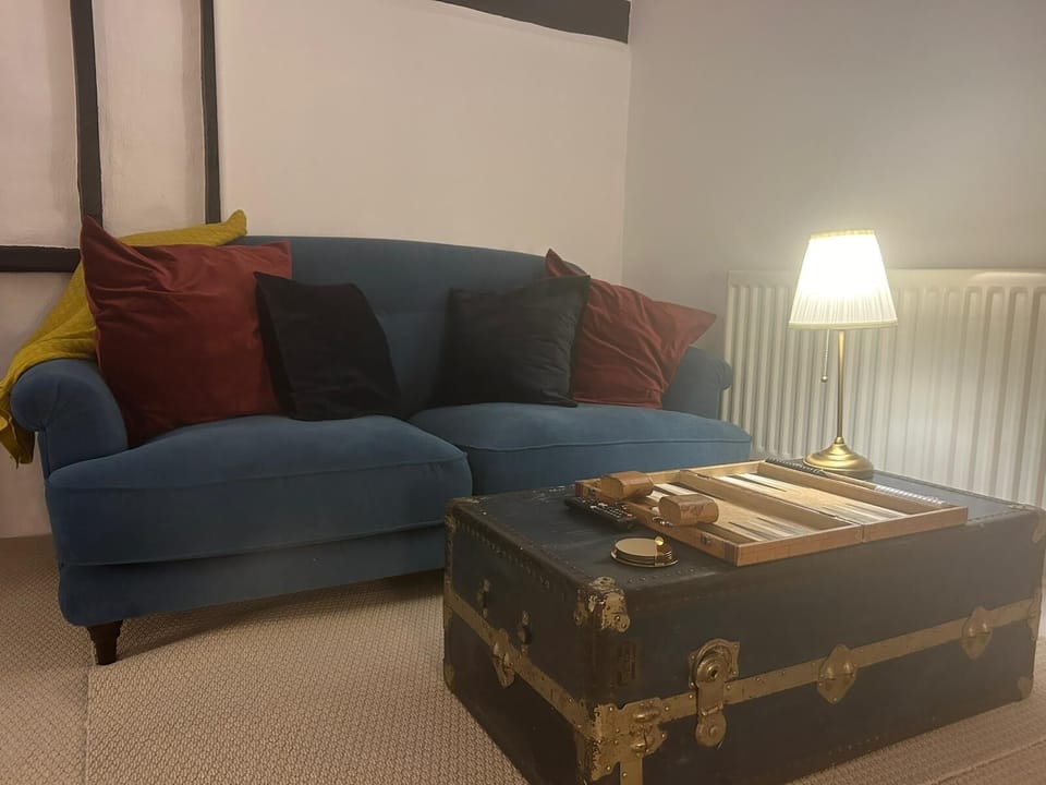 Living room - comfy sofa, antique chest opposite the 500 year old fire place.
