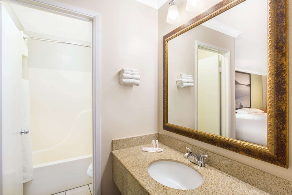 Combined shower/tub, jetted tub, free toiletries, hair dryer