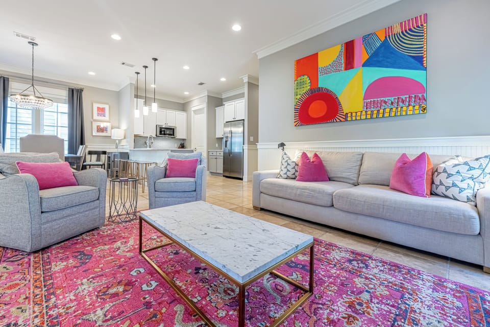 Living room with seating for six