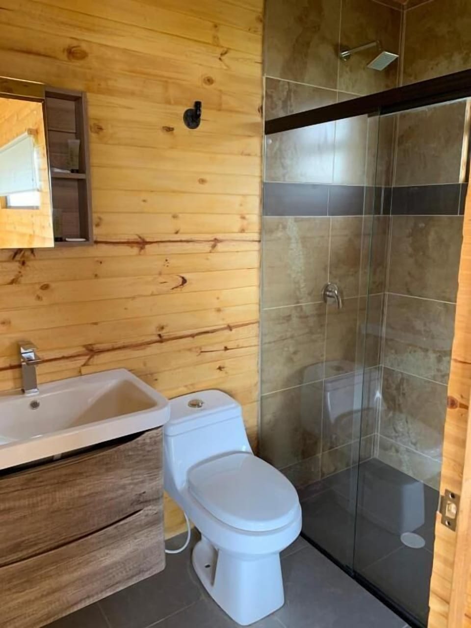 Shower, rainfall showerhead, towels