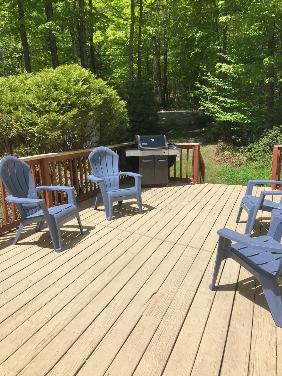 Spacious deck with gas grill, picnic table and chairs