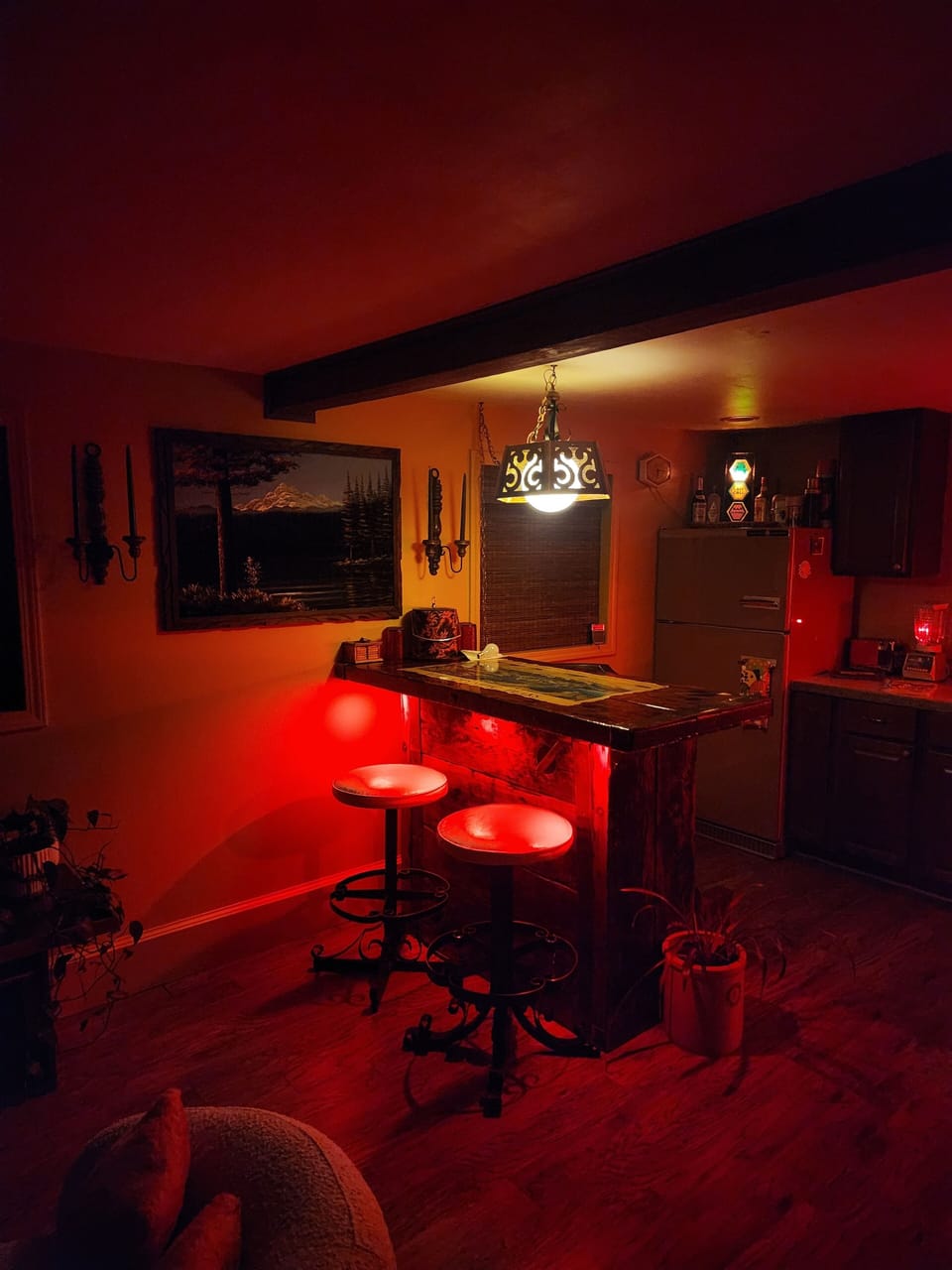 Cozy breakfast bar by day, swanky cocktail bar by night.  Mood lighting optional