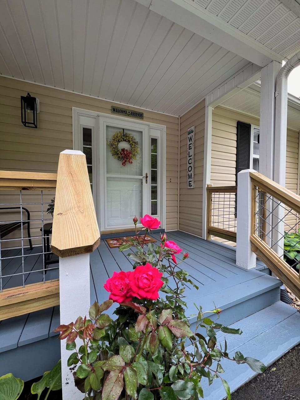 Front Porch Entry has a combination key pad entry lock on post