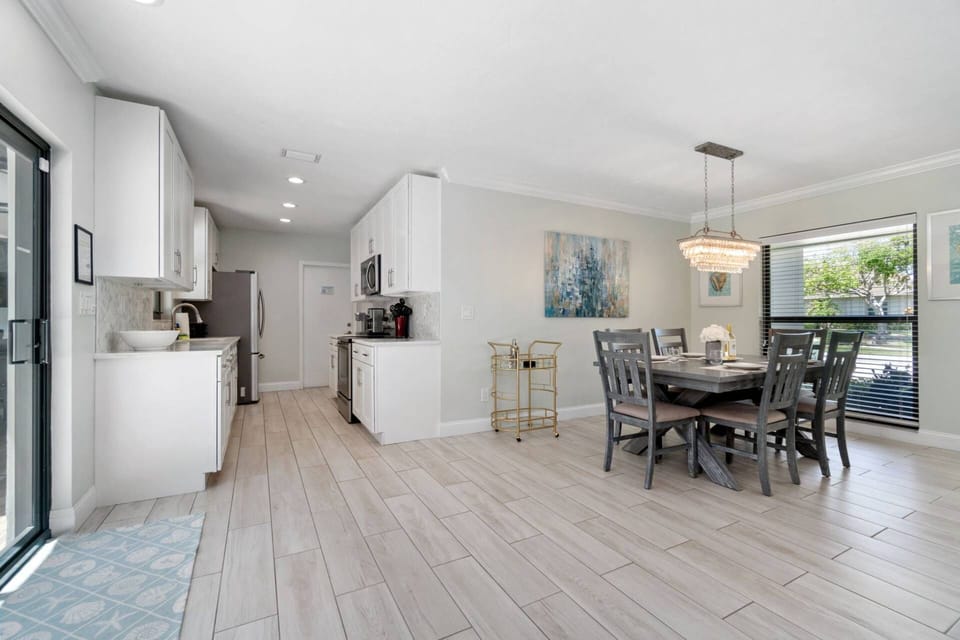 The sleek galley kitchen is functional and convenient.