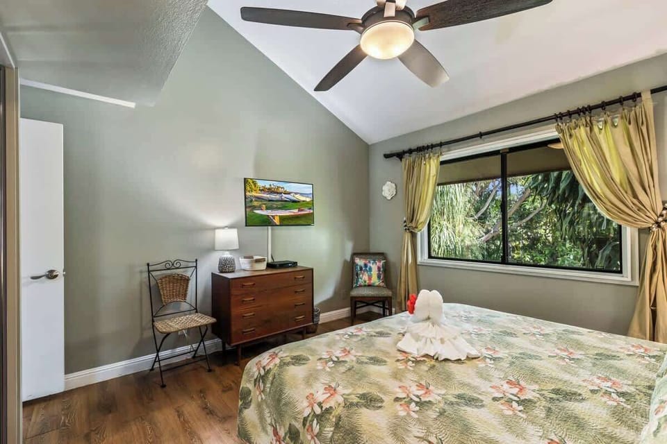 This room also features TV with cable, ceiling fan, and window coverings