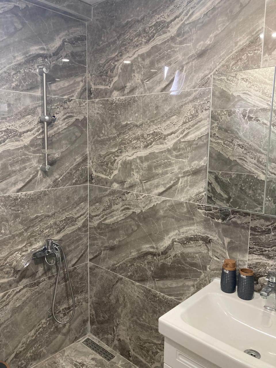 Shower, rainfall showerhead, bathrobes, soap