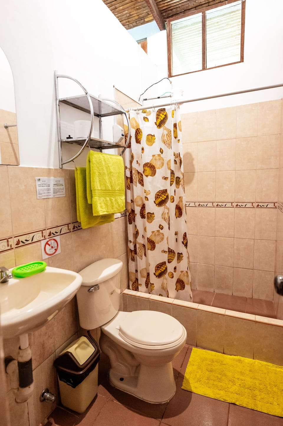 Shower, towels, soap, toilet paper