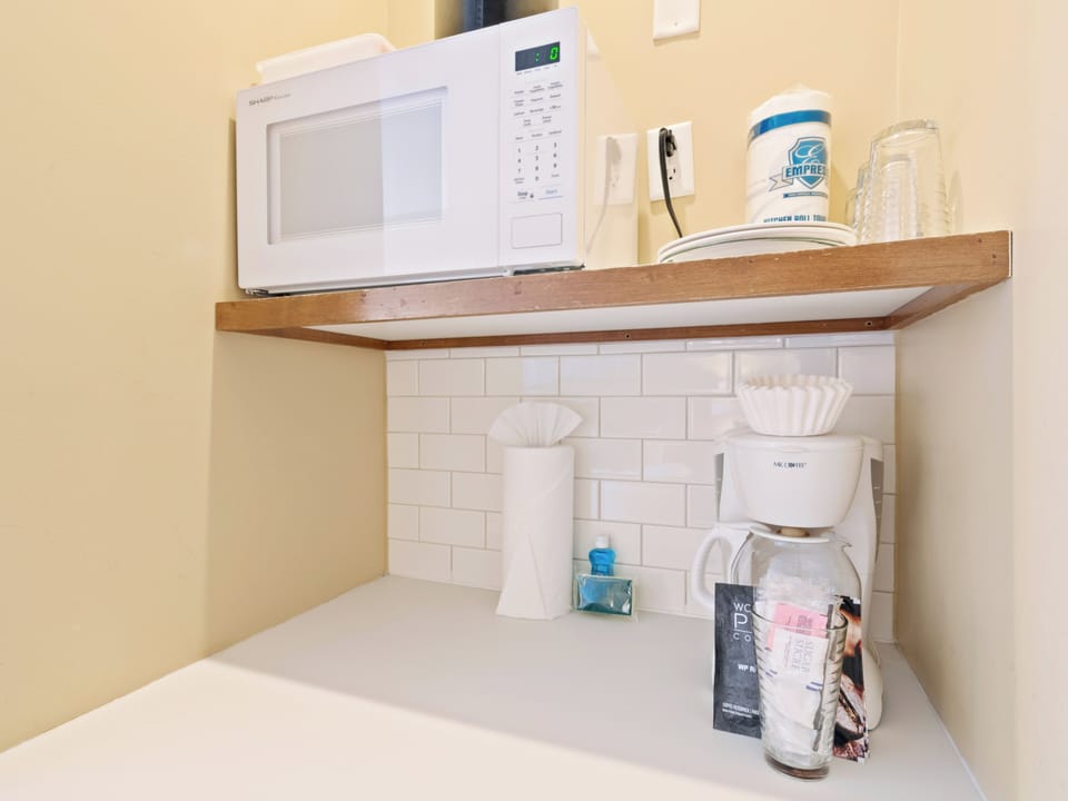 Microwave, Mini Fridge, and Coffee Maker