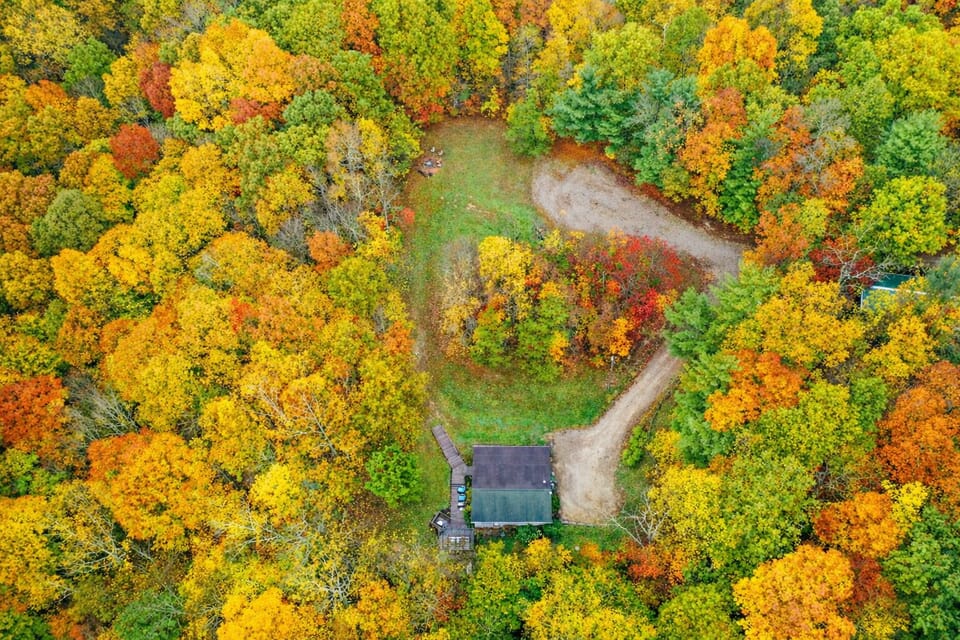 Aerial view of Carp's Cabin and firepit in autumn