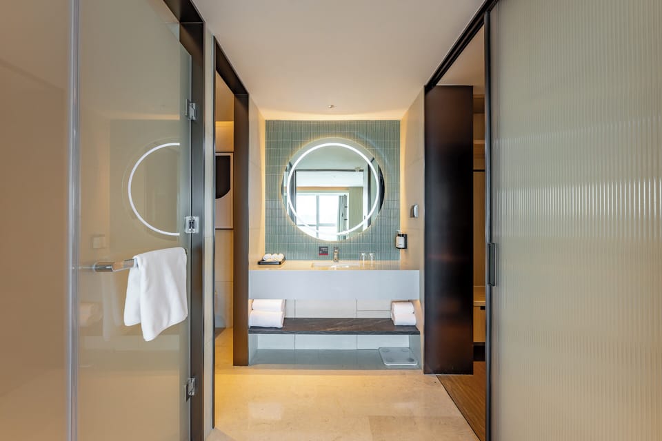 Shower, rainfall showerhead, hair dryer, slippers