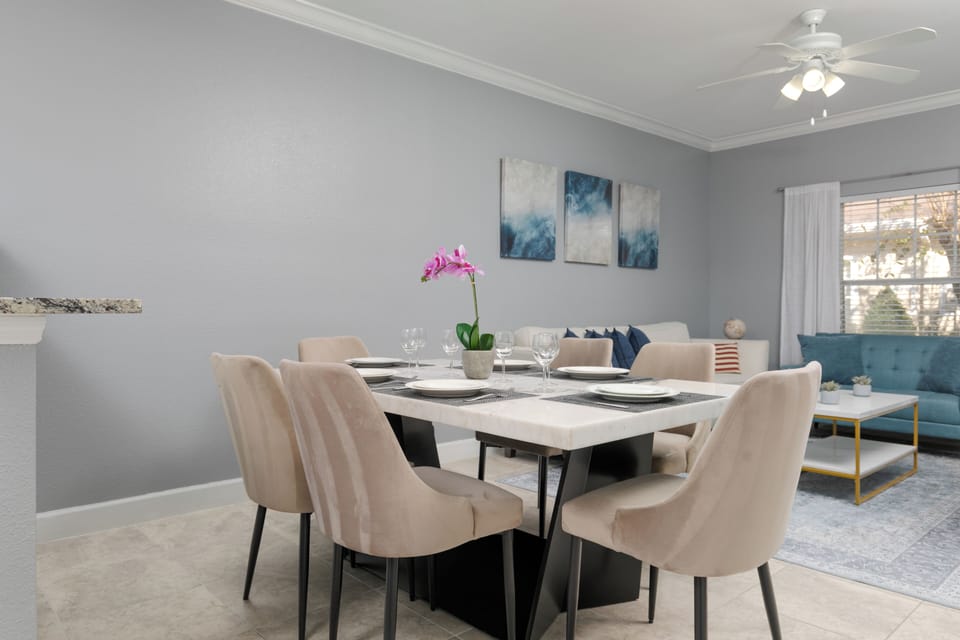 Cozy dining table for six, perfect for shared meals.