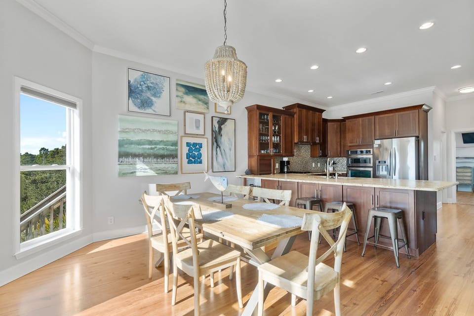 Dining table and kitchen bar area