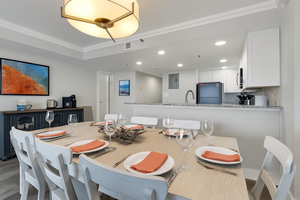 Dining for 8.  Glasses, plates, flatware, etc all provided for you