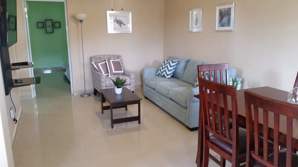The sitting area has a comfortable sofa bed