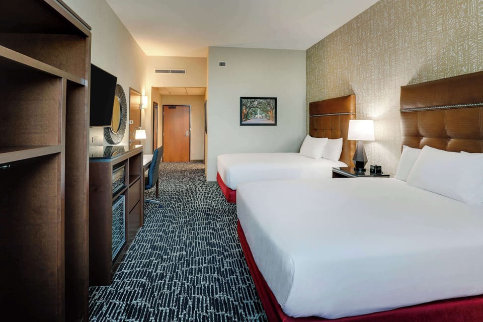 Room, 2 Queen Beds, Hearing Accessible (Roll-in Shower) | Premium bedding, desk, laptop workspace, iron/ironing board