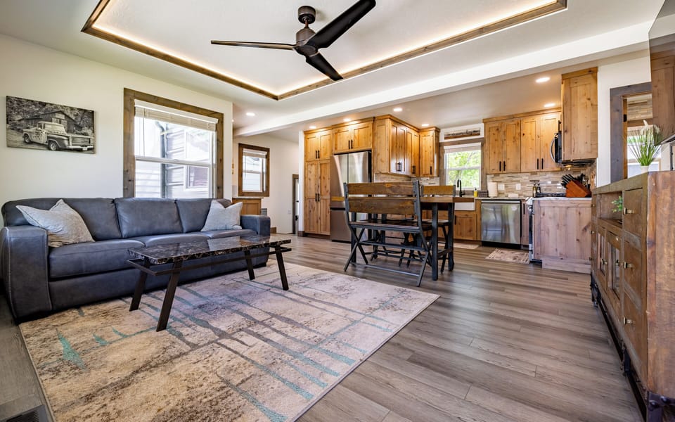 Open living and dining area with Smart TV.