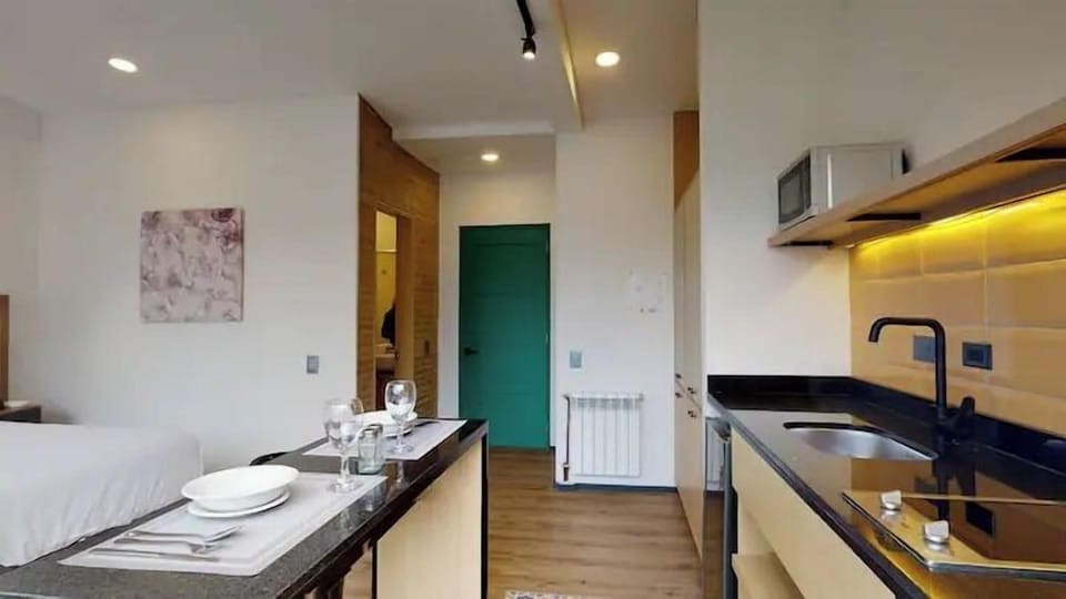 Full-size fridge, microwave, stovetop, dishwasher