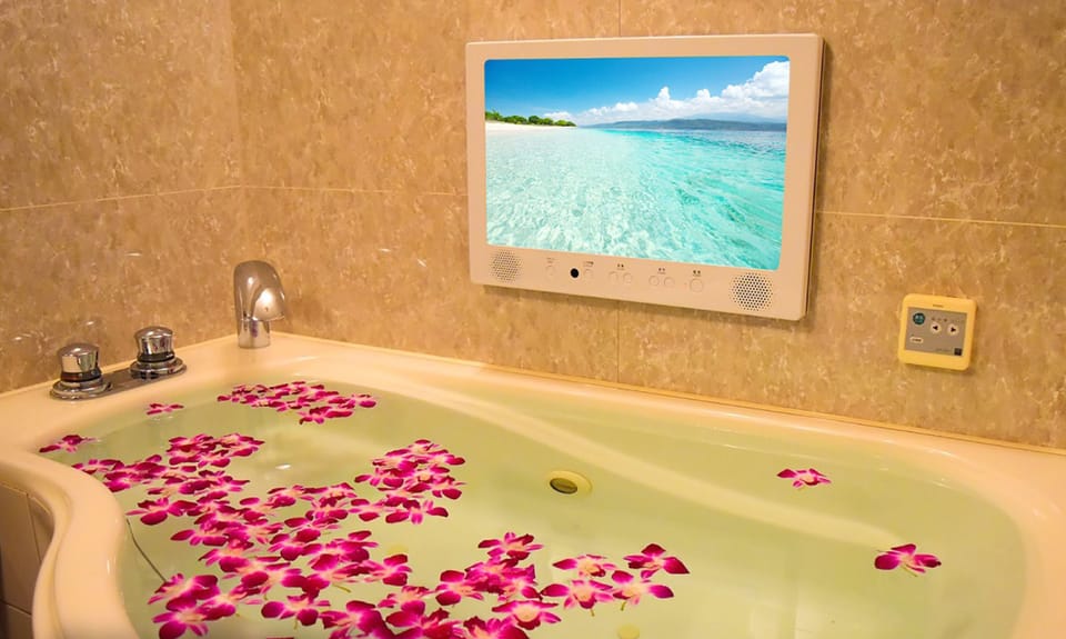 Combined shower/tub, deep soaking tub, hair dryer, bathrobes