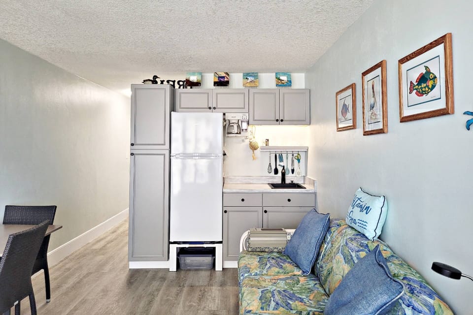 A stocked kitchenette helps cut down the cost of having to eat out.