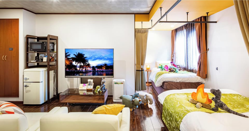 Family Room with a Curtain Divider, 2 Double Beds + Single Bed, Non Smoking | Down comforters, in-room safe, blackout drapes, soundproofing