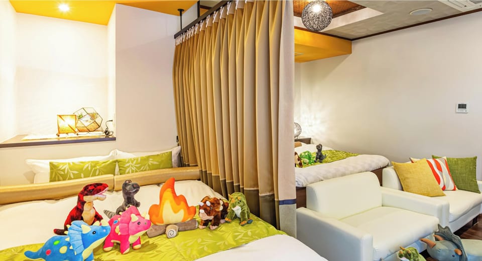 Family Room with a Curtain Divider, 2 Double Beds + Single Bed, Non Smoking | Down comforters, in-room safe, blackout drapes, soundproofing