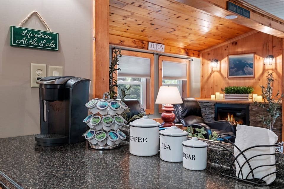 Keurig with K-cups, cream, sugar, tea