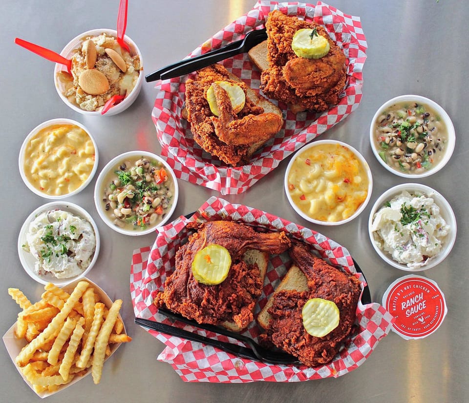 A Nashville MUST—Hattie B's Hot Chicken! Enjoy everything from mild to very spicy fried chicken, along with Southern sides and local brews, all in a casual, counter-service setting.