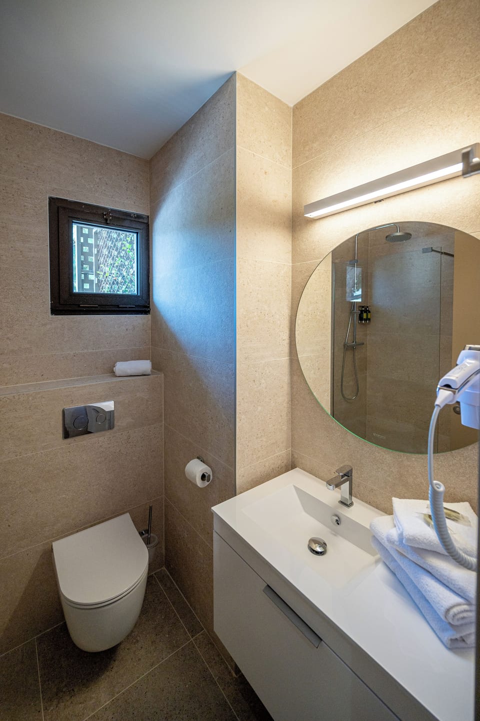 Shower, hair dryer, towels