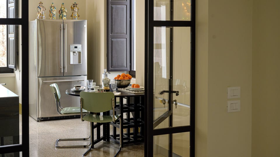 Mini-fridge, griddle, spices, paper towels