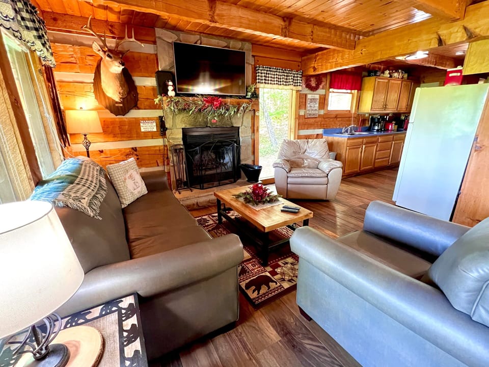 Bright living room with wood-burning fireplace, comfortable seating, and large windows at Bearadise Found rustic cabin in Pigeon Forge, Tennessee near Dollywood
