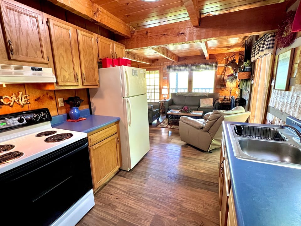 Fully equipped kitchen with stove, refrigerator, microwave, and all essentials at Bearadise Found rustic cabin in Pigeon Forge, Tennessee — everything you need for your Smoky Mountain stay