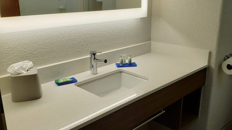 Hair dryer, towels, soap, shampoo