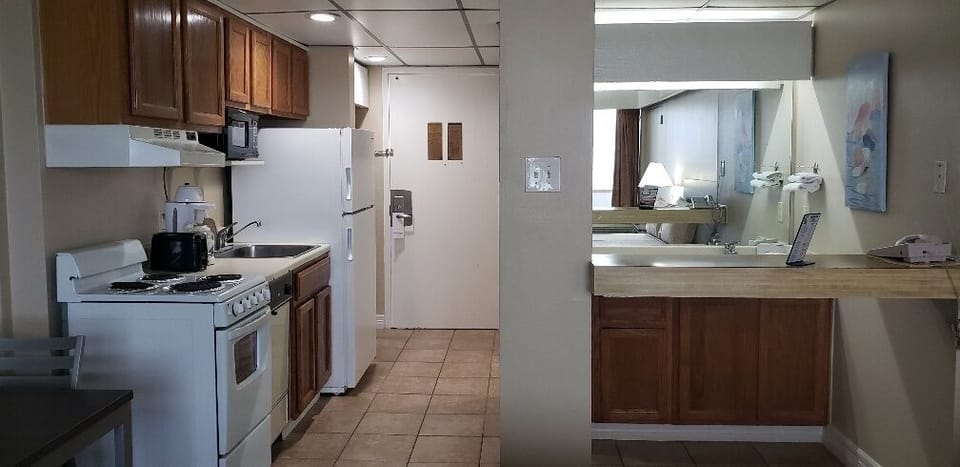 Fridge, microwave, cookware/dishes/utensils