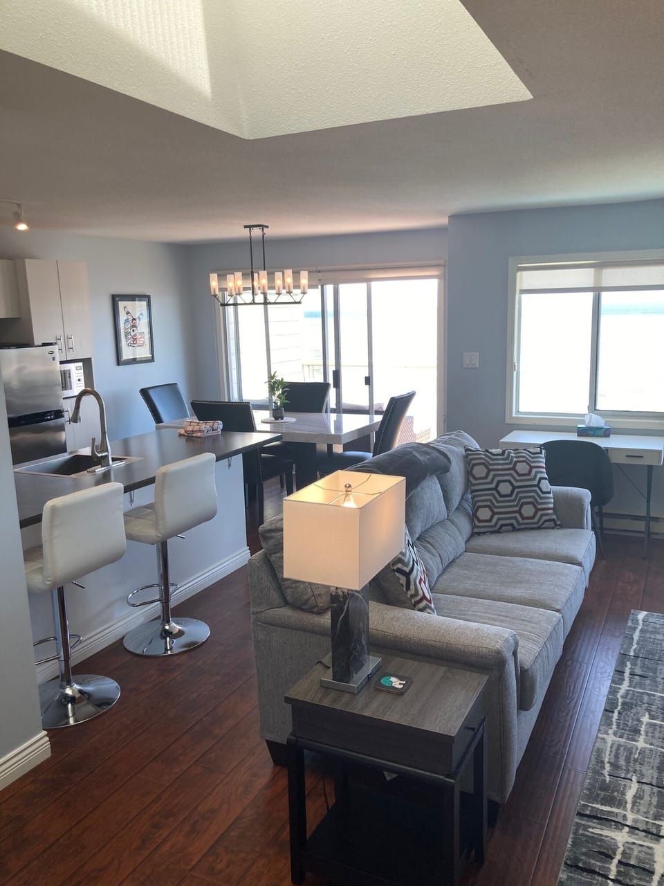LCD TV, fireplace, DVD player