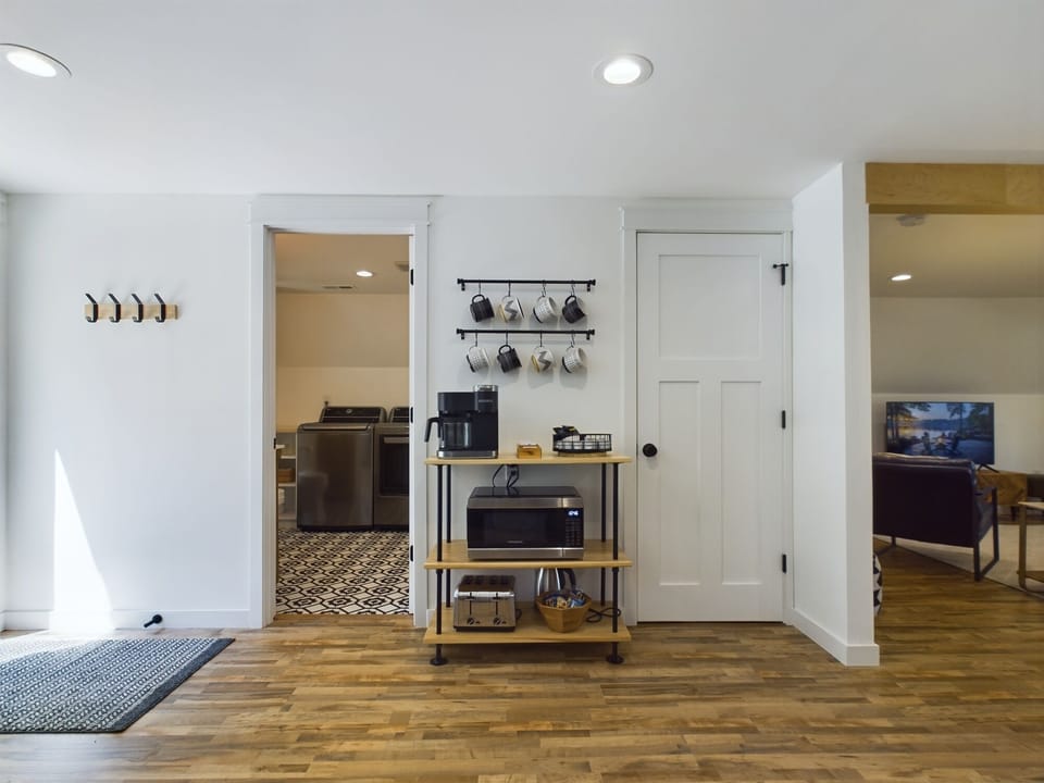 The coffee bar features a Keurig 2-in-one drip and single serve coffee maker.